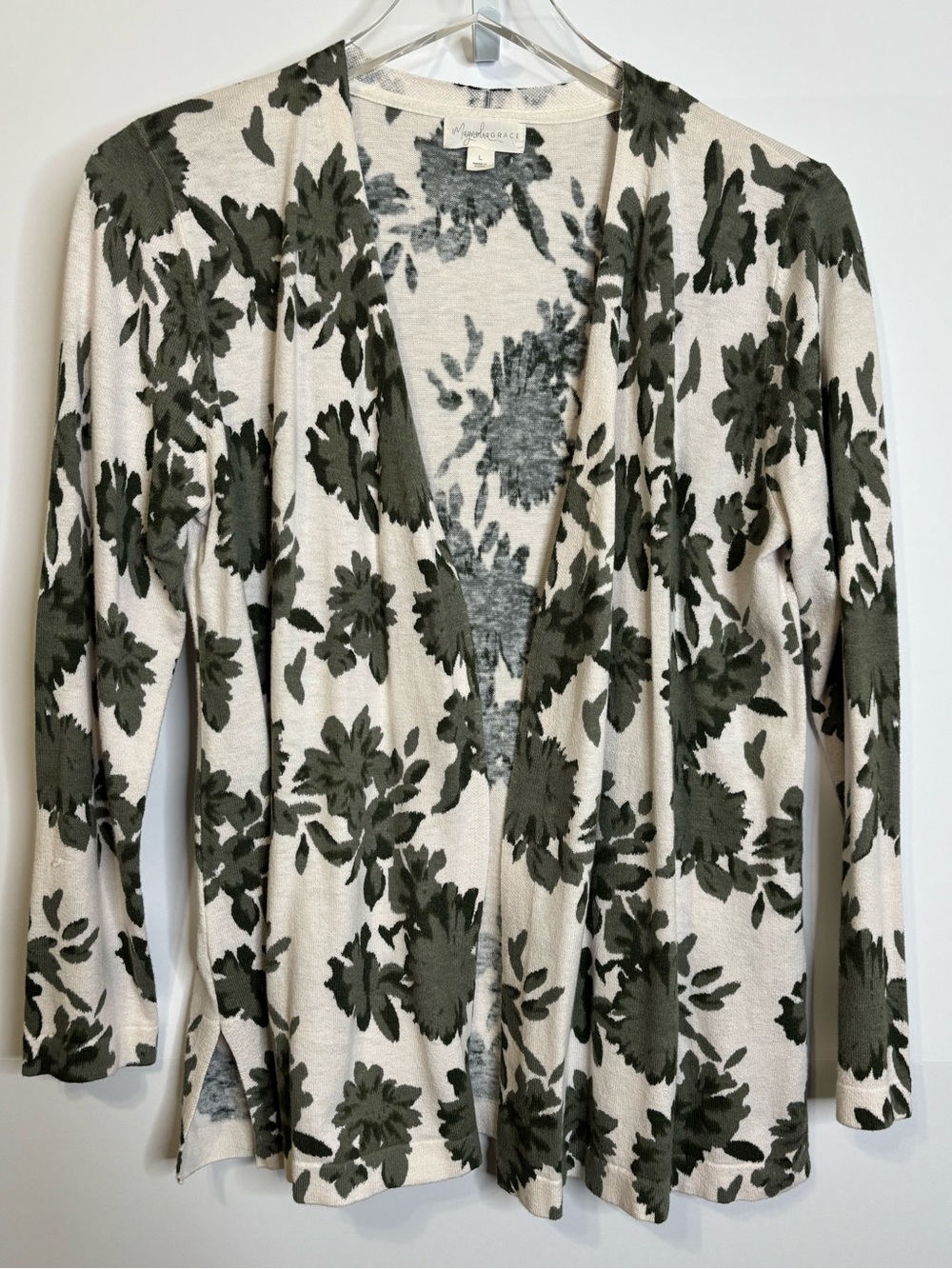 Magnolia Grace Cream & Olive Floral Open-Front Cardigan Sz Large